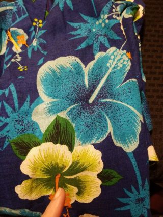 Vintage Tiki Hawaiian Tourist Dress Bell Sleeve Floral Blue Plus size 5
