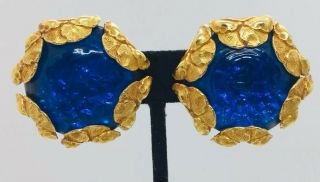 Dominique Aurientis Paris Vintage Yellow Gold Plated Blue Glass Earrings