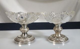 Antique Pair Cut Glass Footed Silver Open Salt Cellars Dishes - 56174