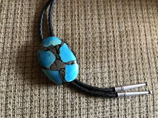 Vintage Bennett Turquoise Native American Sterling Silver Bolo Tie