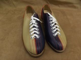 Vtg Nos Blue Red Tan Leather Soles & Upper Bowling Rental Shoes Womens Sz 8