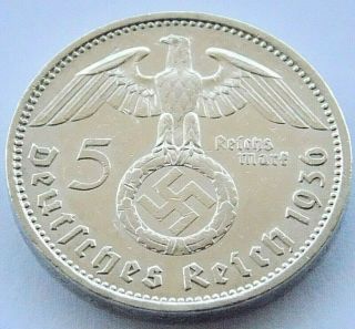 German Coin 5 Mark Reichsmark 1936 A Swastika Hindenburg Silver 3rd Reich Ww2