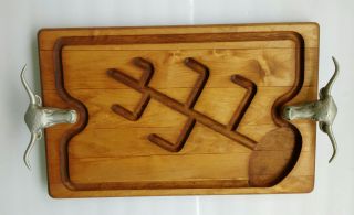 Vintage Wood/aluminum Bulls Head Large Serving Tray Cutting Board