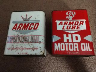 2 Vintage ARMCO ARMOR LUBE 2 gallon MOTOR OIL CANS from TREVOSE,  PA graphic Sign 2