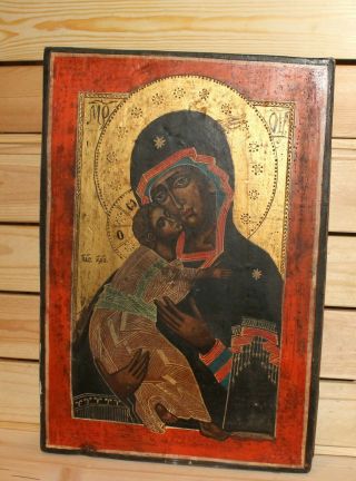 Vintage religious hand painted icon Jesus Christ child Virgin Mary 3