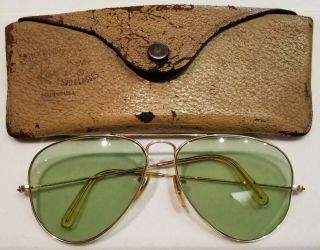 Vintage Ray - Ban Aviator B&l Gold Frame Green Tint Sunglasses W/original Case