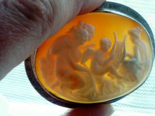 Large Antique Victorian Cameo Shell Cupid Sterling Silver Pendant Brooch