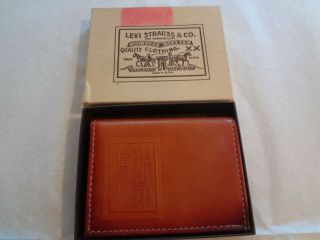 Vtg 1970s Orange Tab Mens Leather Bi Fold Wallet Denim Lined