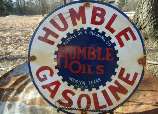 Old Vintage Humble Gasoline & Oils Porcelain Gas Pump Sign Houston,  Texas