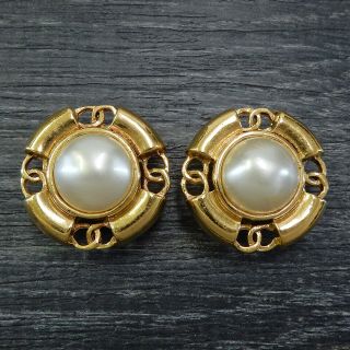 Chanel Gold Plated Cc Logos Imitation Pearl Vintage Clip Earrings 4687a Rise - On