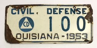 Vintage 1953 Louisiana Civil Defense License Plate Cd 100