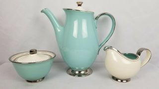 Awesome Baby Blue Silver White Vintage 1950s Coffee Tea Pot Creamer Sugar Set