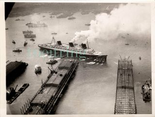 French Line Normandie Maiden Arrival Aerial Docking Vintage 1935 Photo