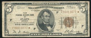 Fr.  1850 - F 1929 $5 " Star " Frbn Federal Reserve Bank Note Fine,  Rare