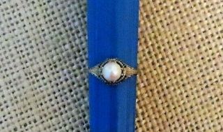 Antique Art Deco 10k Solid White Gold Filigree Ring W/ Pearl Size 6