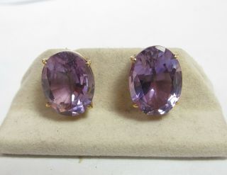 Vintage 14k Solid Gold Earrings With Purple Oval Natural Amethyst 34.  5 Cts T.  W.
