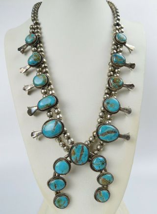 1970s 148g Vtg Native American Sterling Silver Turquoise Squash Blossom Necklace
