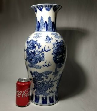 Large 18 " Vintage Chinese Dragon Blue & White Porcelain Baluster Umbrella Vase
