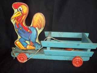 Antique Vintage Wooden Painted Pull Toy Rooster With Cart