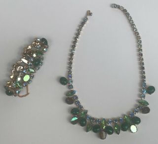 Schiaparelli Aurora Borealis Green Blue Rhinestone Parure Set Necklace Bracelet