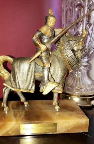 Vintage Giuseppe Vasari Bronze Marble Base Jousting Knight On Horse