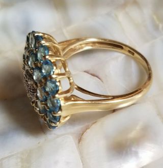LARGE Vintage 10K Solid Yellow Gold Blue Topaz & Diamond Estate Ring Size 7 3