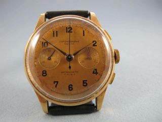 18k Rose Gold Mens Vintage Chronograph Watch Copper Dial Beauty