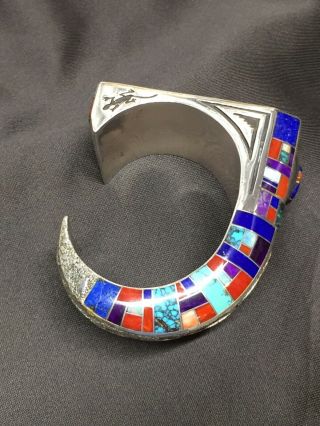 Vintage Lonn Parker Navajo Sterling Silver Cuff Bracelet With Inlaid Stones 2