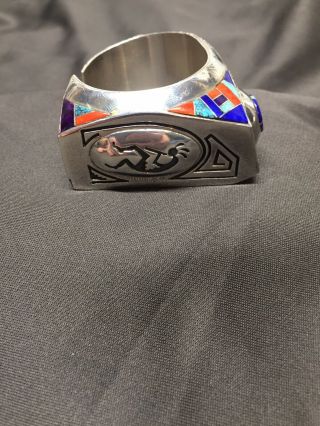 Vintage Lonn Parker Navajo Sterling Silver Cuff Bracelet With Inlaid Stones 5