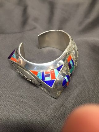 Vintage Lonn Parker Navajo Sterling Silver Cuff Bracelet With Inlaid Stones 6
