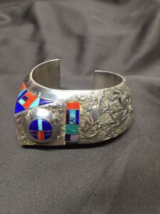 Vintage Lonn Parker Navajo Sterling Silver Cuff Bracelet With Inlaid Stones 7
