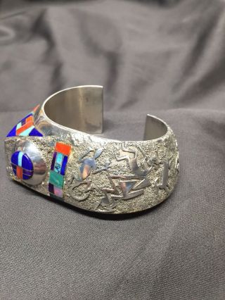 Vintage Lonn Parker Navajo Sterling Silver Cuff Bracelet With Inlaid Stones 8