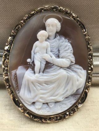 Rare Antique Victorian Italian 9ct Madonna & Child Religious Shell Cameo Brooch