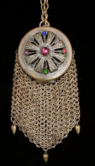 Antique Silver Tone Jeweled Chain Maille Coin Purse W Finger Ring