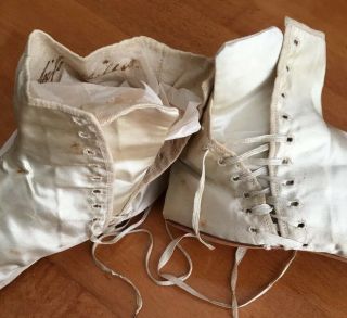 Antique Victorian 1800s Signed Cream Silk Flat Bottom Wedding Shoes Booties 3