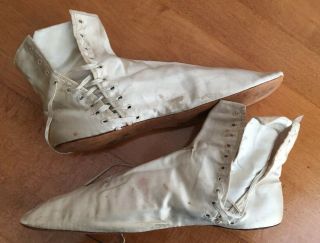 Antique Victorian 1800s Signed Cream Silk Flat Bottom Wedding Shoes Booties 7