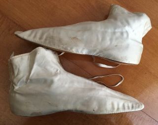 Antique Victorian 1800s Signed Cream Silk Flat Bottom Wedding Shoes Booties 8