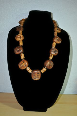 Unique Vintage Tribal Stone Necklace From India Has Carved Faces 26 " Long