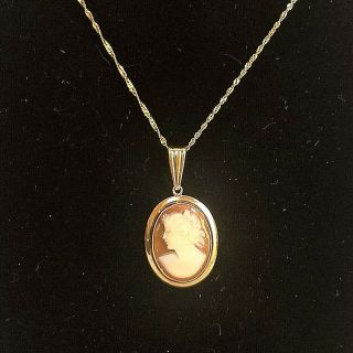 Vintage 10k Yellow Gold Shell Carved Cameo Pendant W 14k Twisted Gold Necklace