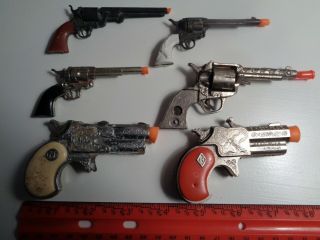 6 Vintage Cast Metal Mini - Toy Pistols 2 Derringers,  4 Western 45 