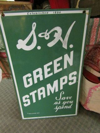 Vintage S&h Green Stamp Porcelain Double Sided Sign 1956