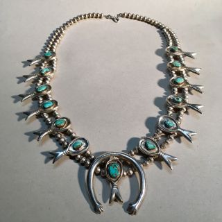 Vintage Navajo Solid Sterling Silver Turquoise Squash Blossom Necklace - 170g