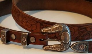 10k Gold Ranger Sterling Silver Tooled Leather Belt Vintage Old