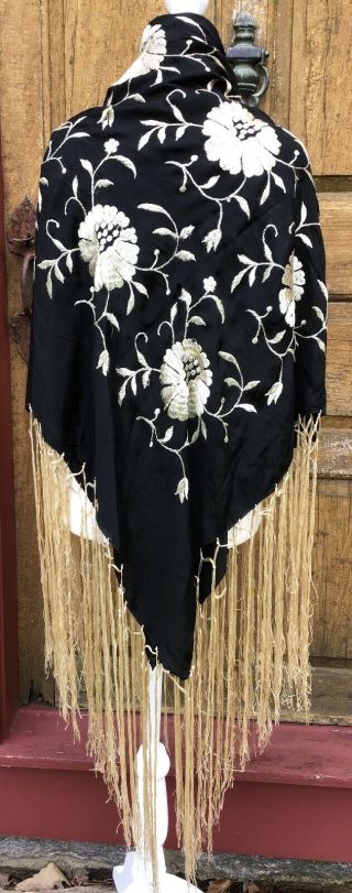 Antique Silk Piano Shawl Black W White Embroidery With Fringe 50 " X 50 ",  Fringe