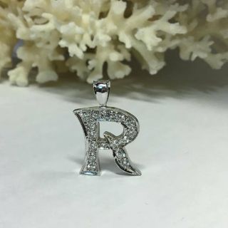 Vintage Diamond Letter " R " Pendant Crafted In 14k White Gold