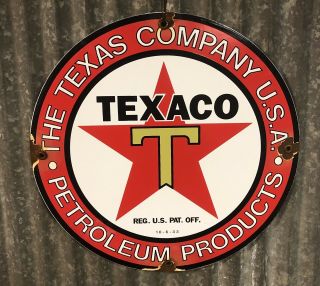 Texaco Gasoline Porcelain Sign Vintage Texas Oil Company Petroleum Gas Pump