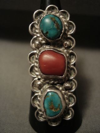 Towering Vintage Navajo Green Turquoise Coral Silver Ring Old