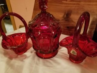 Lot3 Vtg Antique Fenton Candy Dish/lid Red Cut Art Fluted Ribbed 2 Glass Baskets
