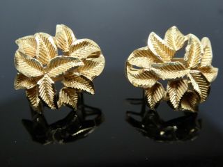Vintage 14kt Yellow Gold Diamond Cut Cluster Leaf Omega Pierced Post Earrings