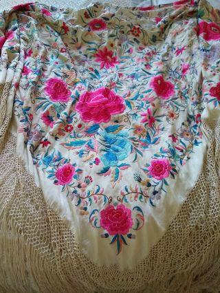 Vintage Edwardian Chinese Silk Embroidered Shawl